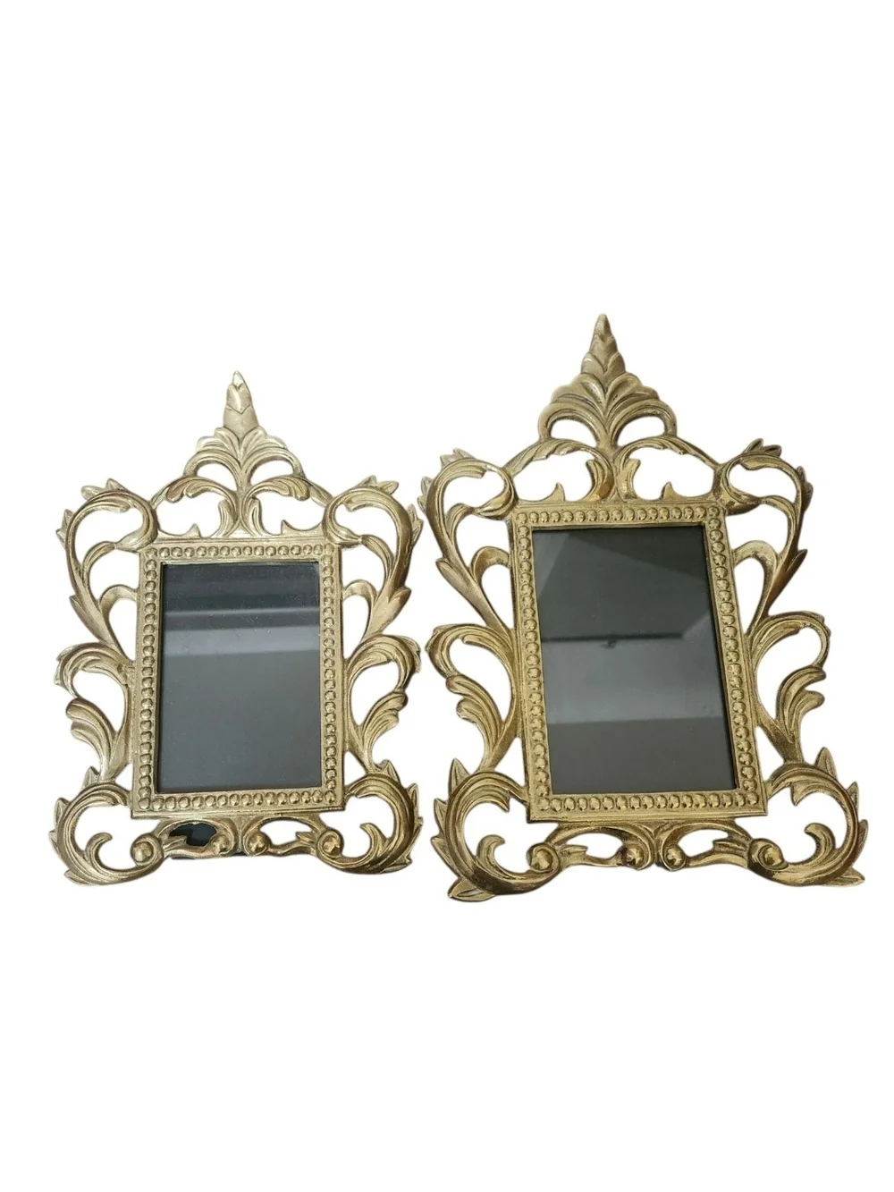 Vtg Antique Rococo Ornate Heavy Brass Gold Tone Easel Picture Frames Victorian